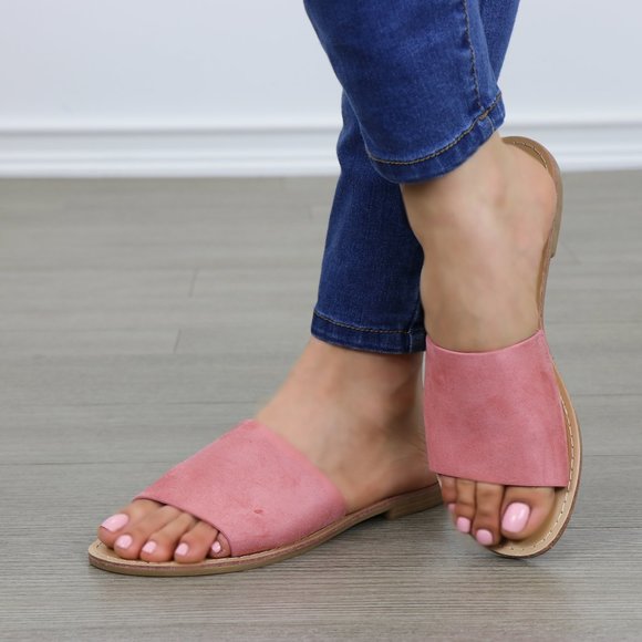Suede Slip on Slider Pink Flat Sandals - Picture 7 of 15